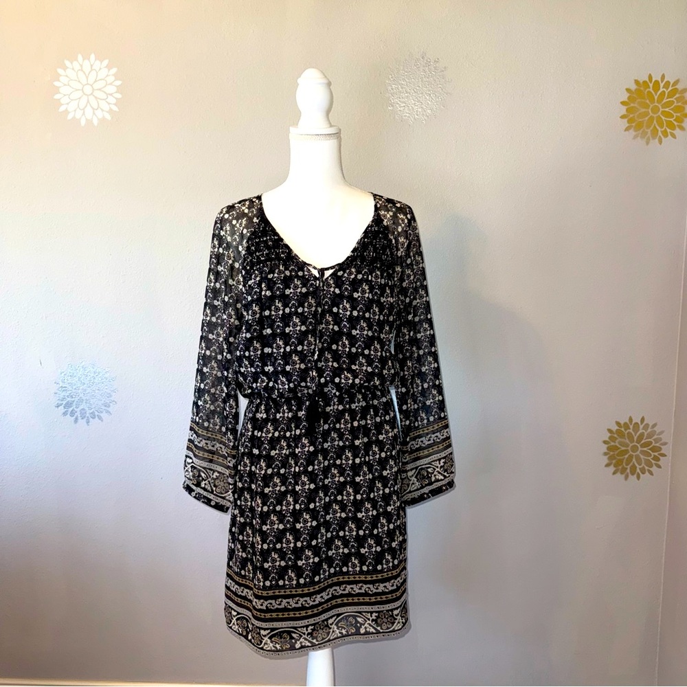 Madewell Black White BOHO Artisan Blousy Casual‎ 3/4 Sleeve Mini Knee-high Dress